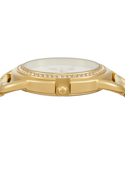 Gold wristwatch side view with crystal-studded bezel and a crown featuring an engraved logo on a linked metal band.