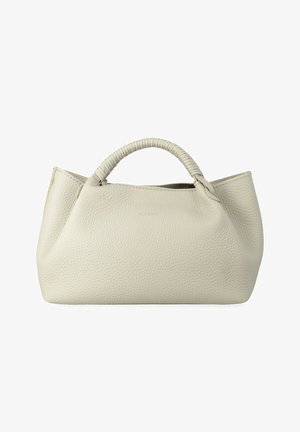 Sac à main en cuir texturé couleur crème avec une poignée unique enveloppée et une forme rectangulaire décontractée.