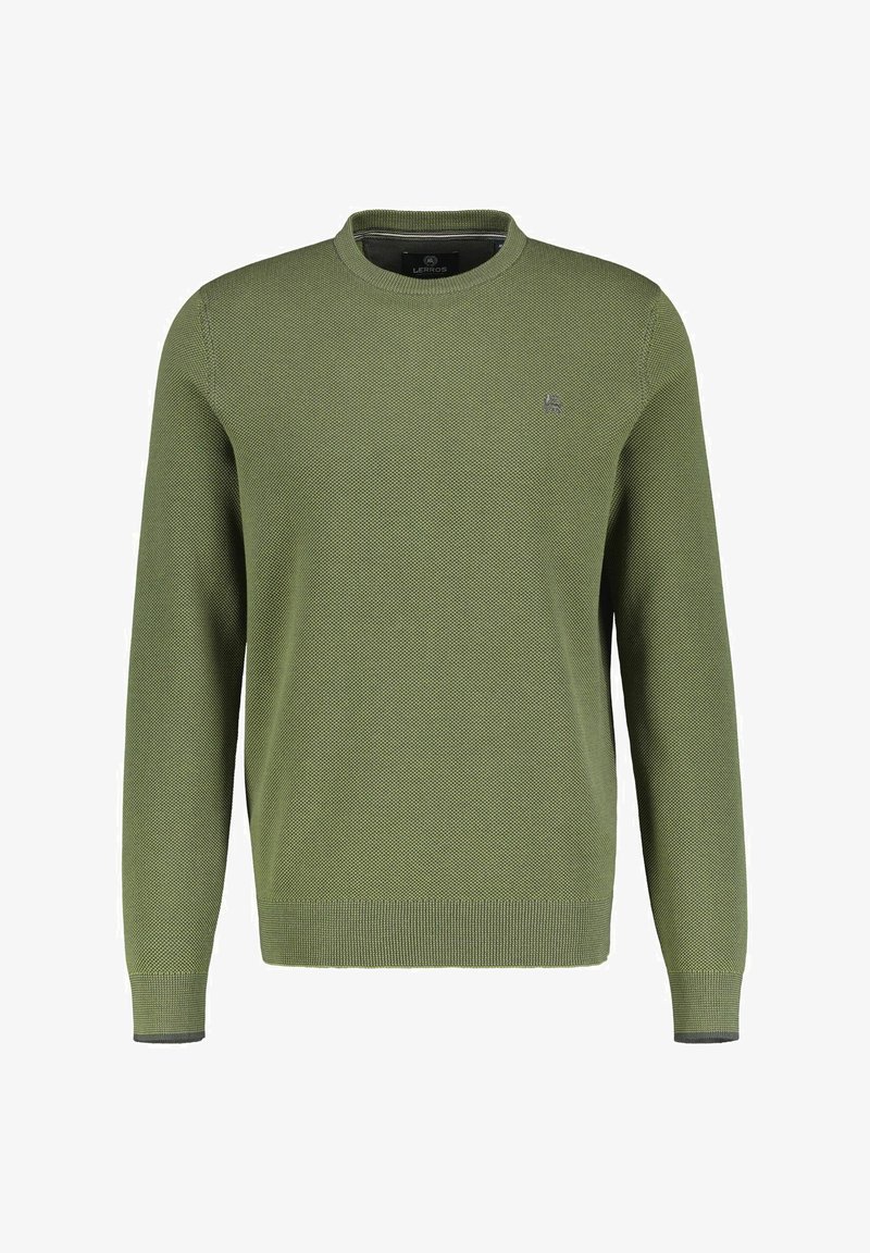 Grüner gestrickter Pullover mit rundem Hals, langen Ärmeln und einem dezenten strukturierten Muster. Kleine Logo-Applikation auf der Brust.