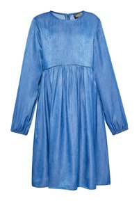 Denimkjole med lange ærmer, rund halsudskæring og en let flagende nederdel. Lyseblåt stof med en glat tekstur og lynlås lukning bagpå.