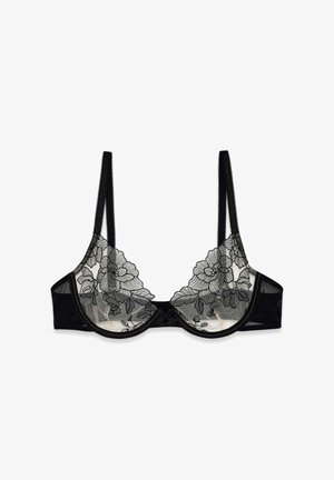 Czarny koronkowy biustonosz z fiszbinami i haftem kwiatowym na przezroczystym materiale, z regulowanymi ramiączkami.