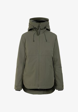 Olive green waterproof jacket featuring a high collar, adjustable hood, and front zip closure with two side pockets and elastic cuffs.