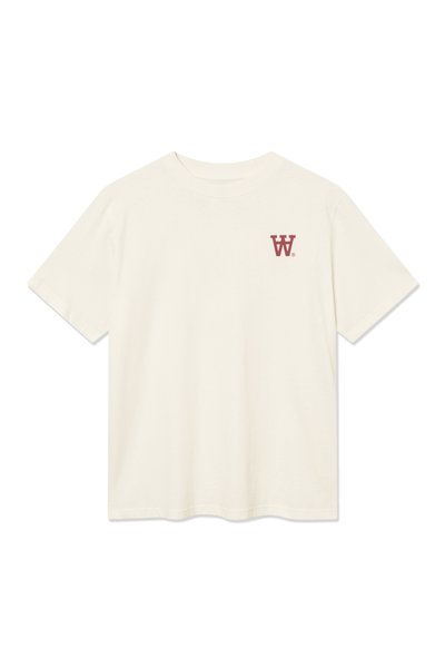 T-shirt off-white a maniche corte con colletto girocollo, dotato di un piccolo logo rosso "W" sul lato sinistro del petto.