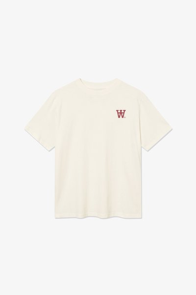 T-shirt off-white a maniche corte con colletto girocollo, dotato di un piccolo logo rosso "W" sul lato sinistro del petto.