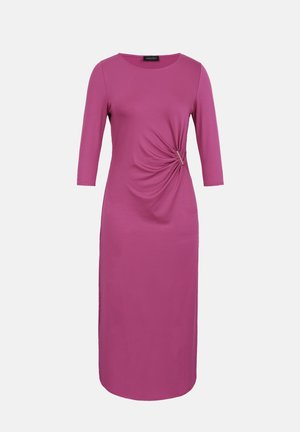Fuchsia midi dress with three-quarter sleeves, round neckline, and gathered detail with small metallic pin on left waist.