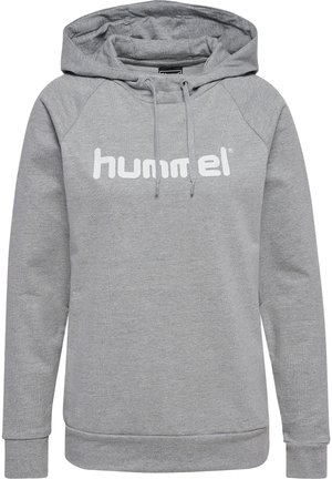 Grijze hoodie van katoen, met lange raglanmouwen en een wit "hummel"-logo aan de voorkant. Trekkoord bij de kap.