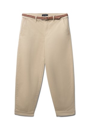 Pantaloni beige con una vestibilità ampia, orli arrotolati e una cintura intrecciata marrone. Realizzati in tessuto morbido, presentano tasche frontali e una chiusura con zip.