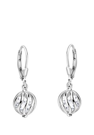 Boucles d'oreilles goutte en argent avec un design rond en forme de cage contenant des pierres précieuses claires et scintillantes à l'intérieur.