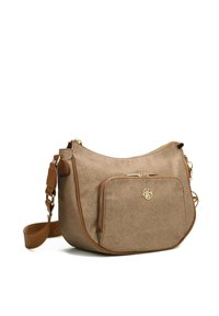 Borsa a spalla in finta pelle beige con finitura testurizzata, hardware dorato, tasca anteriore con zip e tracolla regolabile.