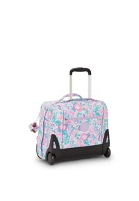 Mjuk resväska med ett pastellblomsterdesign i rosa och blå toner, svart botten, utdragbart handtag och hjul för enkel transport.