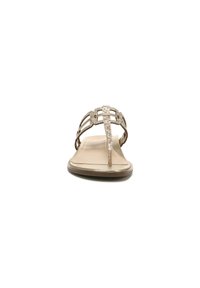 Flat sandal with a gold metallic finish, featuring decorative crisscross straps and a toe post design. Smooth inner sole with a slight heel.