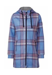 Giacca a vento a scacchi nei colori blu, rosa e bianco. Presenta una chiusura con zip, cordini blu navy e due tasche laterali. Materiale morbido e vestibilità comoda.