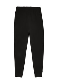 Zwarte sweatpants van zachte stof met een rechtopstaand ontwerp, een elastische tailleband en ribgebreide manchetten bij de enkels.