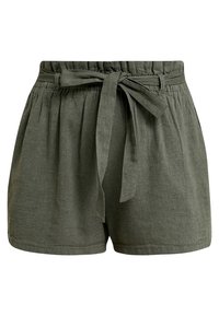 Vihreät pellavashortsit, joissa on korkea vyötärönauha, vyöllä varustettu solmittava yksityiskohta, pehmeä tekstuuri ja rento istuvuus.