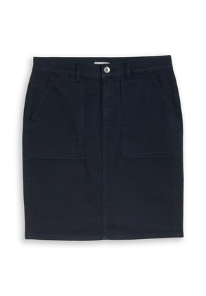 Donker marineblauwe knielange rok met knopen en rits aan de voorkant, riemlussen en twee grote opgestikte voorzakken.