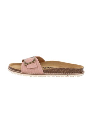 Rosa Stoff-Slidesandale mit breitem Riemen, Metallschnallen-Details und einem strukturierten Korkfußbett. Weiße Gummisohle mit kleinen Profilen.