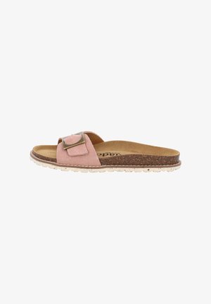 Pink fabric slide sandal with a wide strap, metal buckle detail, and a textured cork footbed. White rubber sole with small treads.