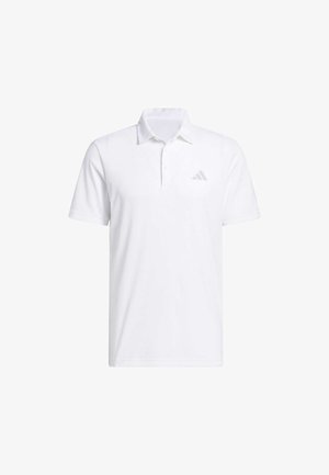 Weißes Poloshirt aus texturiertem Stoff, mit Kragen, Drei-Knopf-Leiste und dezentem grauem Adidas-Logo auf der linken Brust.