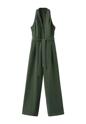 Tmavě zelený overal bez rukávů s širokými nohavicemi, výstřihem do V, třemi knoflíky vpředu a páskem z stejného materiálu uvázaným v pase.