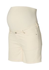 Beige Umstandsshorts mit einem dehnbaren Bund, Vorderentaschen und einem taillierten Design, aus softem Denim für optimalen Tragekomfort.