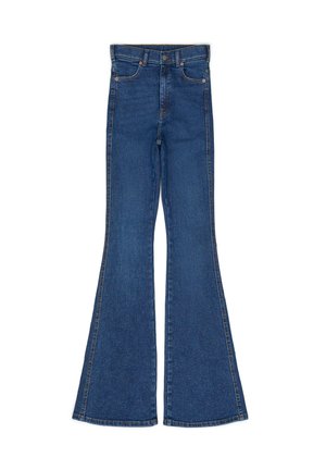 Flared blue denim jeans with a high waist, contrasting stitching, five pockets, and metal hardware. The legs widen from the knee down.