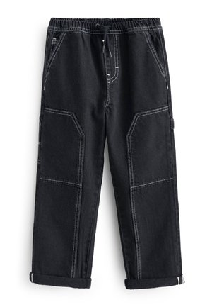 Sorte denim cargobukser med elastisk talje, snøre, flere lommer, hvid kontrastsyning og op-rullede manchetter.