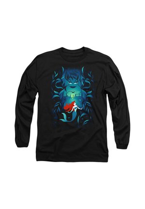 Black long-sleeve shirt featuring a colorful graphic of a mermaid and a sea witch surrounded by blue aquatic vegetation.