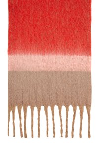Wollen sjaal met een ombre-ontwerp met tinten rood, roze en bruin. Zachte textuur met franjes aan de randen, die de kleurovergangen benadrukken.