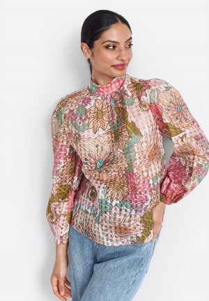 Floral patterned blouse featuring long puff sleeves, a mandarin collar, and multicolored hues of pink, green, and brown. Soft, lightweight fabric.