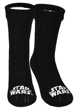 Paar schwarze, kabelgestrickte Socken mit weißem "Star Wars"-Logo, das auf jeder Zehenpartie gestickt ist.