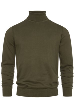 Suéter de cuello alto verde oliva, tejido de punto, diseño ajustado, puños y dobladillo acanalados, mangas largas, textura suave, sin patrones visibles.