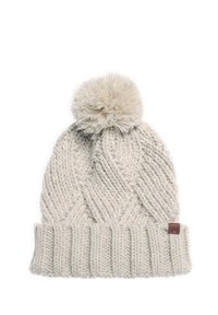 Jasno kremowy, dziany beanie z prążkowanym zakończeniem i teksturowanym wzorem w diamenty. Wyposażony w puszysty pompon na górze i małą metkę marki.