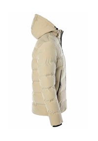 Giacca a vento beige con cappuccio, caratterizzata da cuciture orizzontali, una cerniera frontale e dettagli neri sulla cerniera e sui polsini.