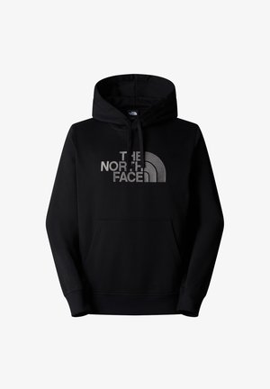 Sort hættetrøje med frontlomme og snoretræk. Prydet med et stort gråt logo af "The North Face" på brystet. Blød tekstur.