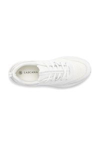 White athletic shoe featuring lightweight mesh upper, laces, cushioned sole, and brand logo on insole. Minimalist design with breathable texture.