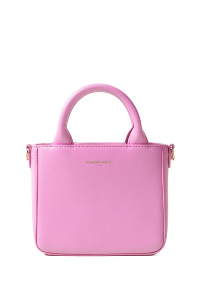 Borsa in pelle rosa con manici arrotondati, forma strutturata, accessori in oro e logo del marchio embossato sul davanti. Texture morbida.