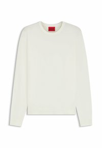 Maglione bianco a maniche lunghe realizzato in tessuto morbido, con scollatura rotonda e un'etichetta rossa con il nome del marchio 'HUGO' all'interno.