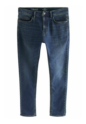 Donkerblauwe jeans met een slim fit, voorzien van een knoop- en ritssluiting, vijf zakken en subtiele vervaging aan de voorkant. Zachte denimtextuur.