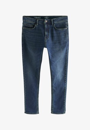 Donkerblauwe jeans met een slim fit, voorzien van een knoop- en ritssluiting, vijf zakken en subtiele vervaging aan de voorkant. Zachte denimtextuur.