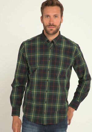 Dunkelgrünes Karomusterhemd mit gelben und roten Linien, mit Button-down-Kragen, langen Ärmeln und einer Brusttasche mit abgerundetem Saum.