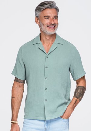 Homme aux cheveux gris et à la barbe portant une chemise vert clair à manches courtes boutonnée et un jean bleu clair, souriant et regardant sur le côté.