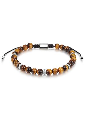 Nastaviteľný náramok s okrúhlymi korálkami z tygriho oka v odtieňoch hnedej, so striebornými akcentovými korálkami a čiernym zaväzovaním na uzáver.