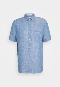 Camicia a maniche corte in lino blu chiaro con colletto a punta e bottoni frontali. Presenta una tasca sul petto sul lato sinistro.