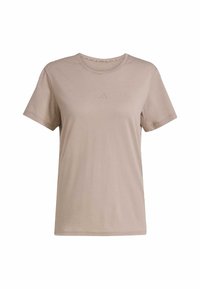 Taupe kortärmad t-shirt tillverkad av mjukt tyg. Har rund halsringning och en subtil logotyp på bröstet. Ingen mönster eller detaljer.