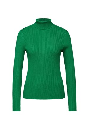 Pull à col roulé vert côtelé avec des manches longues, fabriqué en tissu tricoté, présentant une silhouette ajustée et une surface texturée.