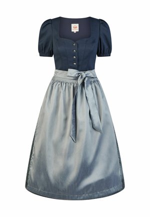 Marineblaues Kleid mit Korsage, Puffärmeln und Knöpfen, kombiniert mit einem glänzenden, hellgrauen Schürzenrock mit Bindeband.