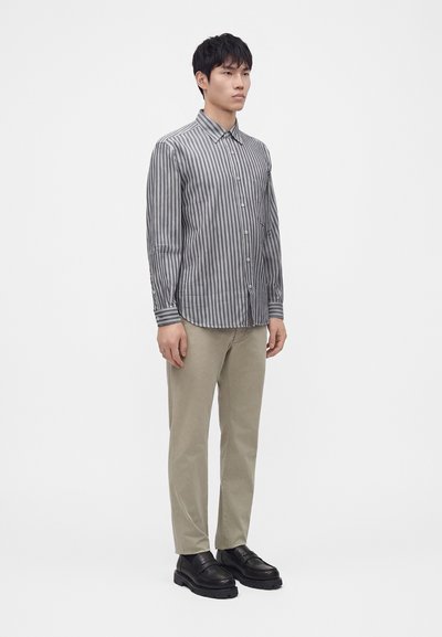Homme debout portant une chemise à rayures verticales grises et blanches, un pantalon beige et des chaussures en cuir noir sur fond blanc.