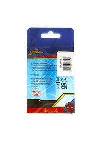 Imballaggio in plastica con uno sfondo blu, caratterizzato dal marchio Spider-Man, un'etichetta di avviso, un codice a barre e dettagli del prodotto in più lingue.