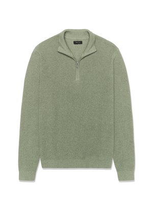 Jersey tipo pulóver de color verde claro hecho de tela texturizada. Presenta un cuello con cremallera semicerrada y dobladillo y puños acanalados. Diseño simple y limpio sin adornos.
