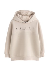 Šviesiai smėlio spalvos d žemperis su gobtuvu, apatinėje pusėje raštuotas iškilusių įstrižų briaunų raštais, su juodu užrašu „BAKER by TED BAKER“.